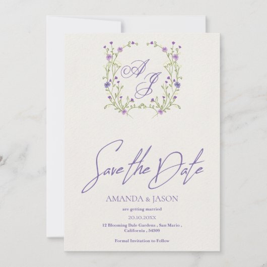 Paars Bloemig Monogram Trouw 'Save the Date' Save The Date (Voorkant)