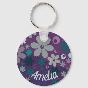 Paars Bloemmotief Mooie Gepersonaliseerde Sleutelhanger