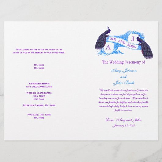 Paars Blue Peacock Wedding Programme (Voorkant)
