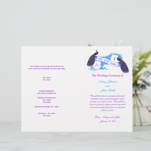 Paars Blue Peacock Wedding Programme (Staand voorkant)