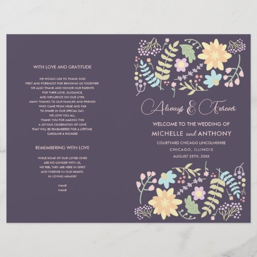 Paars Blush Pink Modern Floral Wedding Programme (Voorkant)
