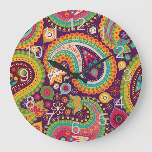 Paars Boho Paisley Grote Klok (Voorkant)