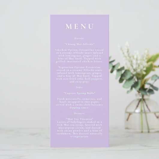Paars botanisch modern trouwmenu menu (Staand voorkant)