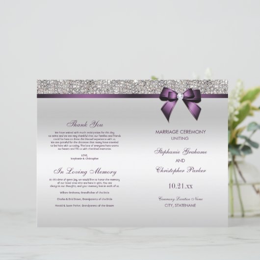 Paars Bow Silver Sequins Wedding Ceremony Programm (Staand voorkant)