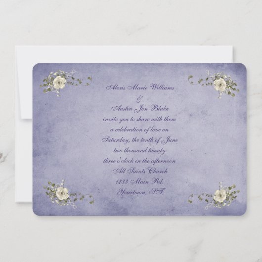 paars briefkaart met witte roos en linthart (Achterkant)