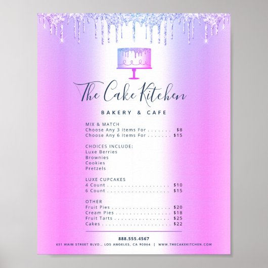 Paars Cake Bakkerij Glitter Drips Menu Prijslijst Poster (Voorkant)