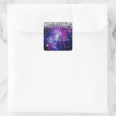 Paars Celestial Sparkly Silver Glitter Monogram Vierkante Sticker (Tas)