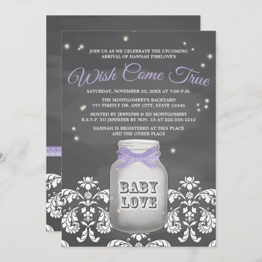 Paars Chalkboard Firefly Mason Jar Baby shower Kaart (Voorkant / Achterkant)