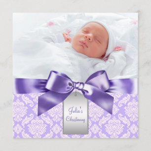 Paars Damask Baby Girl Foto Baptisme Christening Kaart