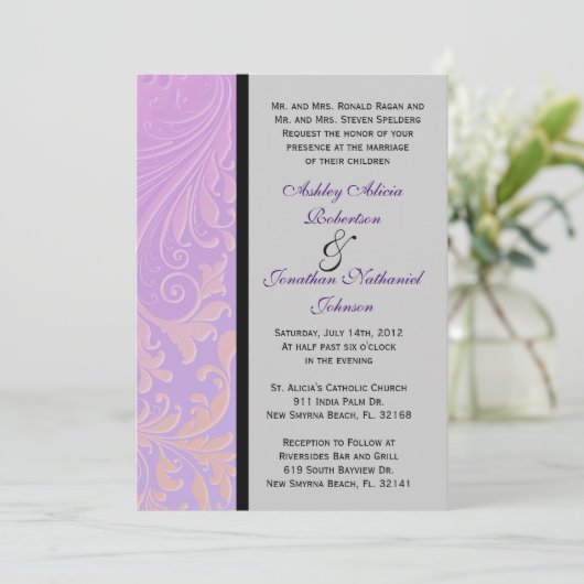 Paars Damask bruiloft nodigt uit Kaart (Staand voorkant)