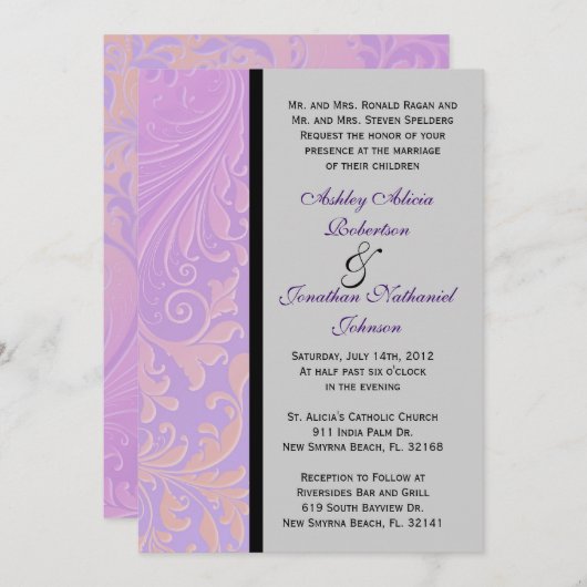 Paars Damask bruiloft nodigt uit Kaart (Voorkant / Achterkant)