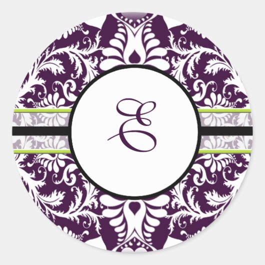 Paars Damask Initiaal Sticker Letter E Wedding (Voorkant)