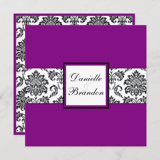 Paars Damask Monogram Weddenschap Kaart (Voorkant / Achterkant)