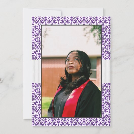 Paars Damask Pattern Foto Afstuderen Kaart (Achterkant)