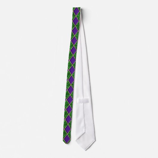 Paars Diamond Green Sequin Pattern Mardi Gras Stro Stropdas (Achterkant)