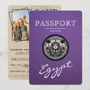 Paars Egyptisch paspoort trouwkaart Save the Date