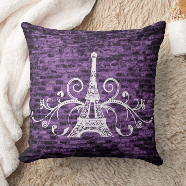 Paars Eiffel Towel Grunge Sierkussen (Deken)