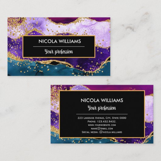 Paars en blauw Glitter Peacock Agate Visitekaartje (Voorkant / Achterkant)