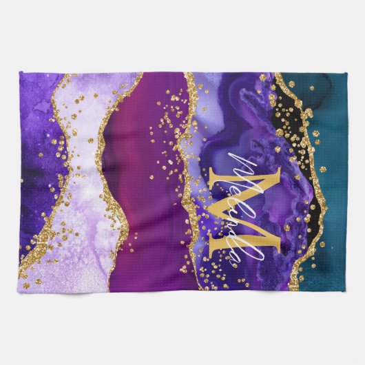 Paars en blauw Peacock Faux Glitter Agate Theedoek (Horizontaal)