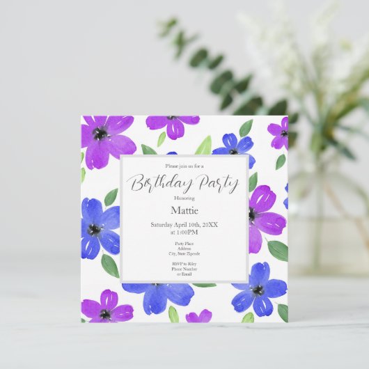 Paars en blauwe Waterverf Floral Motif Kaart (Staand voorkant)