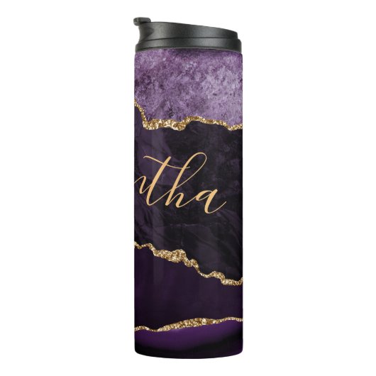 Paars en Faux Gold Glitter Marble Agate Thermosbeker (Geroteerd rechts)