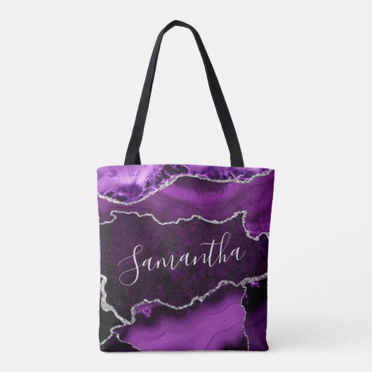 Paars en Faux Silver Glitter Marble Agate Draagtas (Achterkant)