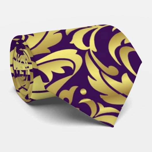 Paars en Gold Damask-kerstStropdas Stropdas (Opgerold)