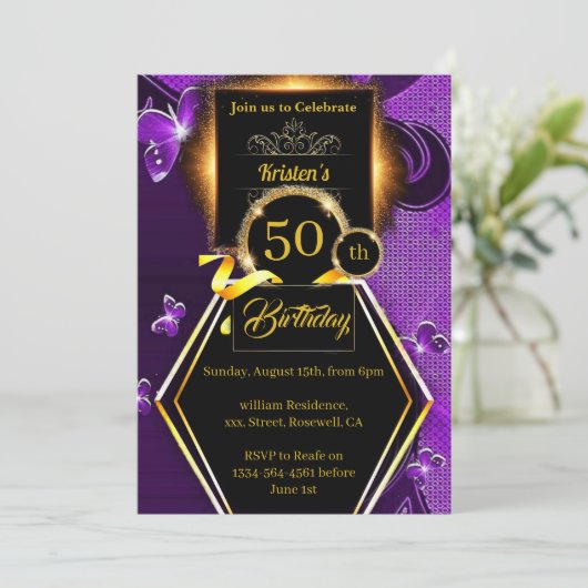 Paars en goud 50e verjaardag kaart (Staand voorkant)