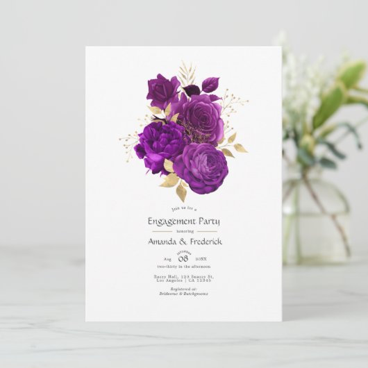 Paars en goud bloemengestel verlovingsfeest kaart (Staand voorkant)