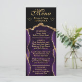 Paars en Goud Glitter Agaat Marmer Bruiloft Menu (Staand voorkant)