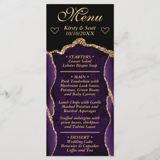 Paars en Goud Glitter Agaat Marmer Bruiloft Menu (Voorkant)