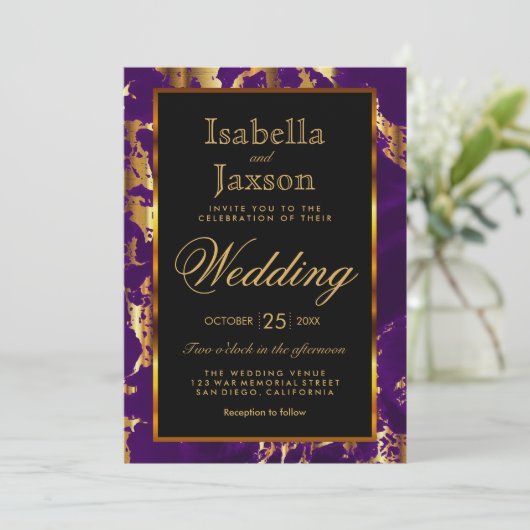 Paars en goud marmer en zwart uitnodiging (Staand voorkant)
