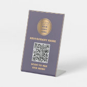 Paars en goud reclamebord met voetstuk (Voorkant)