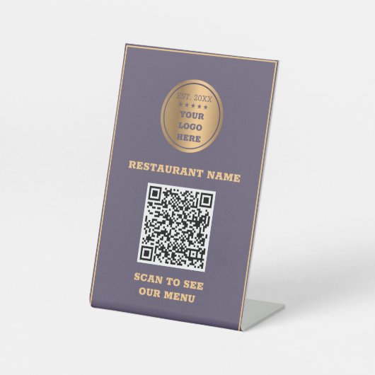 Paars en goud reclamebord met voetstuk (Voorkant)