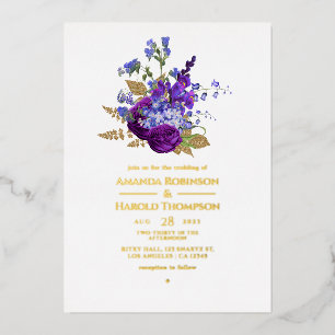 Paars en gouden  Floral Wedding Folie Uitnodigen Uitnodiging