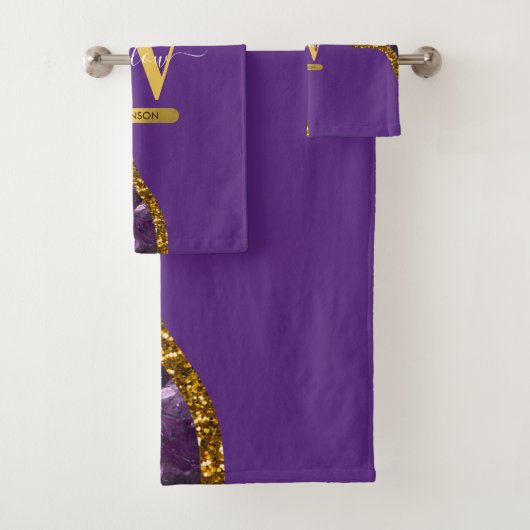 Paars en goudgetijden Glitter Monogram Bad Handdoek (Insitu)