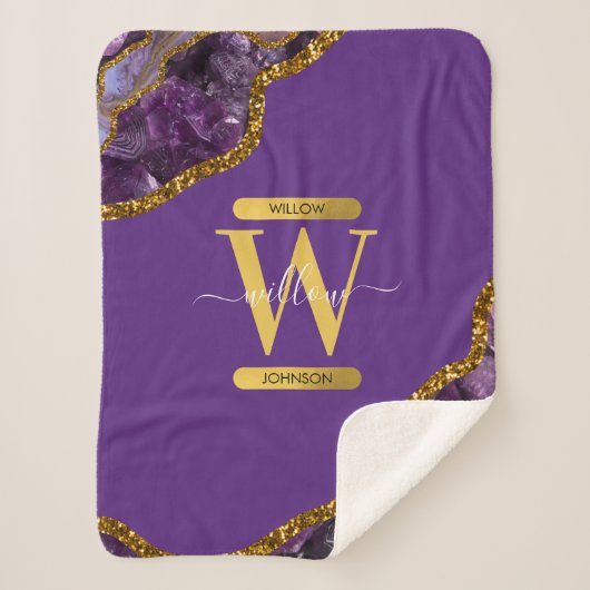 Paars en goudgetijden Glitter Monogram Sherpa Deken (Voorkant)