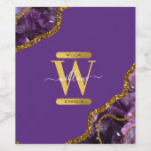 Paars en goudgetijden Glitter Monogram Wijn Etiket (Enkel label)