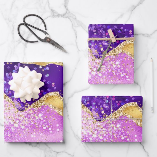 Paars en goudglitter Agate Patroon Inpakpapier Vel (Voorkant)
