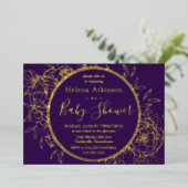 Paars en goudhoudend Baby shower van Peony Toile Folie Uitnodiging (Staand Voorkant)