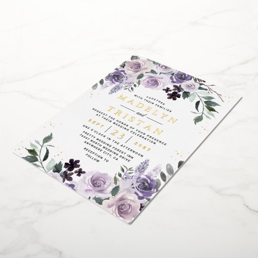 Paars en goudpuin Roos Folie Uitnodiging (Gedraaid)