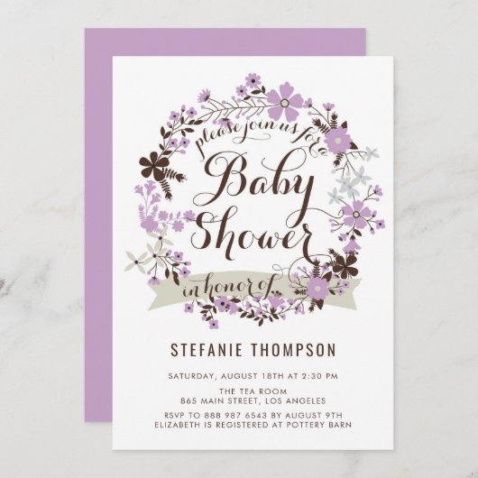 Paars en grijs Baby shower met schoorsteen Kaart (Voorkant / Achterkant)