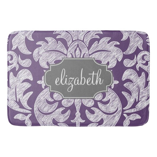 Paars en grijs  Damask Patroonmonogram Badmat (Voorkant)