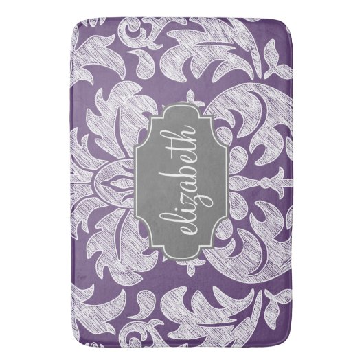 Paars en grijs  Damask Patroonmonogram Badmat (Voorkant Verticaal)