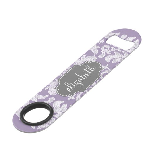 Paars en grijs  Damask Patroonmonogram Speed Flessenopener (Voorkant Gekanteld)
