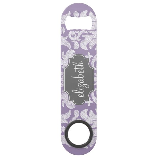 Paars en grijs  Damask Patroonmonogram Speed Flessenopener (Voorkant)