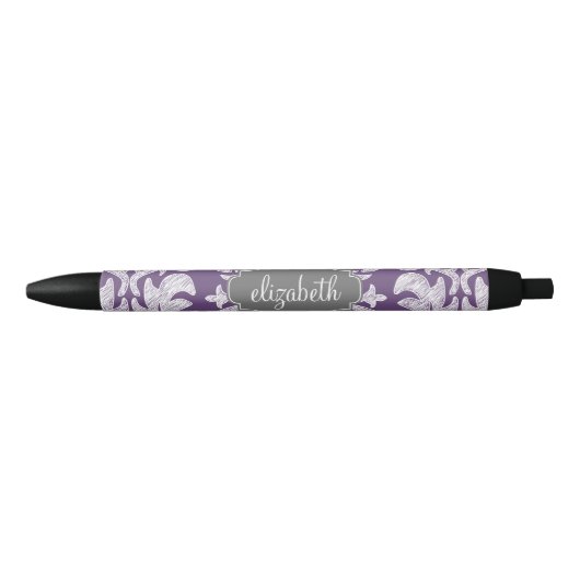 Paars en grijs Damask Patroonmonogram Zwarte Inkt Pen (Voorkant)