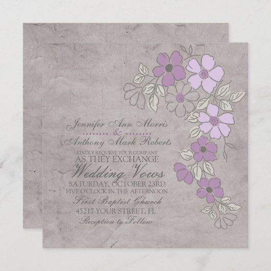 Paars en grijs Floral Weddenschap Kaart (Voorkant / Achterkant)