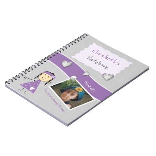 Paars en grijs met hart een naam en foto notitieboek (Linkerzijde)