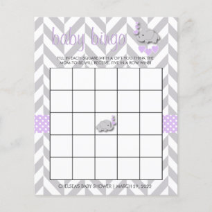 Paars en grijze olifant Baby shower Bingo Flyer